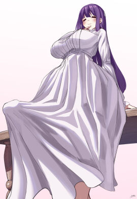 1futa :3 =_= =w= bangs big_breasts big_penis breasts bulge closed_eyes_smile clothed clothing erection erection_under_clothes fern_(sousou_no_frieren) fully_clothed futa_only futanari huge_cock human intersex light-skinned_futa light_skin long_hair low-angle_view nnilaee penis purple_hair solo sousou_no_frieren standing tenting