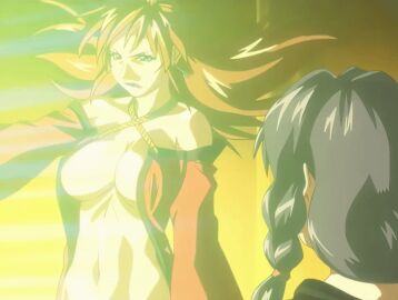 00s 2006 2girls animated bare_shoulders bible_black bible_black_new_testament black_hair braid braided_sidelock breasts brown_hair cleavage cloak dress earrings female green_eyes grey_hair imari_kurumi jewelry kiriya_saki large_breasts lipstick long_dress long_hair makeup open_clothes ponytail robe shin_bible_black sidelocks standing straight tagme twin_braids wind