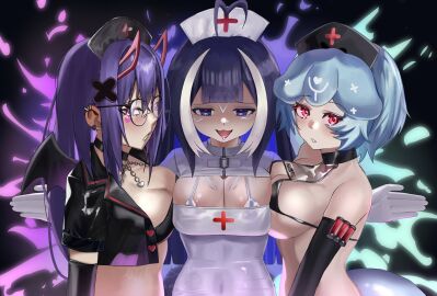 3girls akuma_nihmune bao_(vtuber) black_gloves blue_eyes blue_hair breasts cleavage clothed clothing des_hatsumine devious_grin female female_only glasses gloves hat huge_breasts indie_virtual_youtuber light-skinned_female light_skin looking_at_viewer nurse nurse_cap nurse_uniform orca_girl pink_eyes purple_hair red_eyes round_glasses shylily tail the_bikini_bottoms tongue tongue_out trio uniform virtual_youtuber whale_girl whale_tail white_gloves