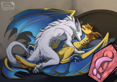 animal_genitalia bite black_claws blonde_mane blue_body blue_membrane blue_scales claws dragon duo endermoonfur erection feral fur furred_dragon furred_scalie genital_slit genitals hi_res horn knot male male/male mane membrane_(anatomy) membranous_wings mythological_creature mythological_scalie mythology neck_bite orange_horn pawpads penetration penis pink_knot pink_pawpads pink_penis scales scalie slit_penetration slit_play white_body white_claws white_fur wings yellow_body yellow_fur yellow_scales