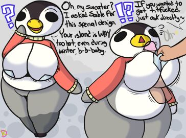animal_crossing anthro aurora_(animal_crossing) avian belly big_belly big_breasts big_penis bird breast_play breasts clothed clothing duo female furry genitals human instant_loss_2koma klutzatdusk male male/female mammal mostly_nude nintendo nipple_grab overweight overweight_female paizuri pasties penguin penis question_mark questionable_consent sex short_stack skimpy slightly_chubby slightly_chubby_female thick_thighs titfuck titjob wide_hips