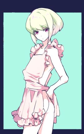 1boy androgynous apron apron_only ass ass_focus bob_cut femboy femboy_only lio_fotia looking_at_viewer petite petite_body petite_male promare short_hair slim slim_male slim_waist solo twink