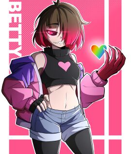 bete_noire betty_noire black_thighhighs blue_pants brown_hair female glitchtale jacket monster_girl pants pink_background pink_eyes pink_hair pink_jacket purple_jacket rageman709 sharp_teeth short_hair thighhighs undertale undertale_(series) white_background