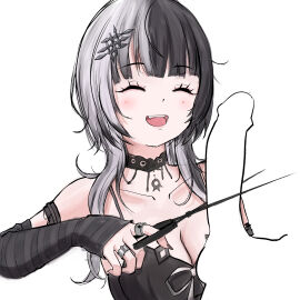 1boy :d absurdres balls black_choker black_dress black_hair black_nails blush breasts censored choker closed_eyes collarbone comdost commentary dress english_commentary erection female gore grey_hair guro hair_ornament highres holding holding_scissors hololive hololive_english hololive_english_-advent- imminent_penectomy imminent_penis_severing jewelry lace lace_choker large_breasts long_hair male multicolored_hair oerba_yun_fang open_mouth penis ring scissors shiori_novella simple_background smile solo_focus split-color_hair striped_arm_warmers teeth testicles two-tone_hair upper_body upper_teeth virtual_youtuber white_background