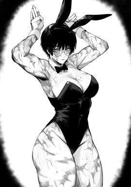 1girls absurd_res animal_ears armpits arms_up bowtie breasts bunnysuit burn_scar detached_collar fake_animal_ears female female_only glasses greyscale hi_res highres jujutsu_kaisen large_breasts leotard looking_at_viewer masoq095 monochrome playboy_bunny rabbit_ears scars short_hair solo standing thick_thighs very_short_hair voluptuous wrist_cuffs zenin_maki