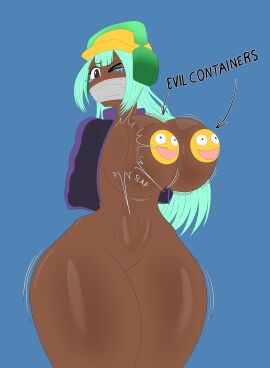 big_breasts breast_slap breasts dark_skin dolly_dimpley evil_container gag gagged miku_style mouth_covered nipple_covers slap slapping_breasts smiling_friends thick_thighs tit_slapping tits_out titslap