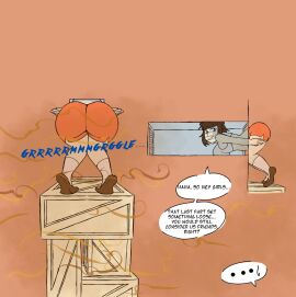 1girls ass_up big_breasts breasts bubble_butt cleavage crop_top fart fart_cloud fart_fetish fast_food_employee female hooters_(parody) hooters_uniform imminent_fart joanne_(mrtomato8224) mrtomato8224 shorts smile stomach_noises stuck stuck_in_vent tomboy vent waitress