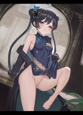 absurdres black_hair blue_archive blush breasts butterfly_hair_ornament china_dress chinese_clothes double_bun dress female grey_halo hair_bun hair_ornament halo highres indoors jacket kisaki_(blue_archive) ko-no looking_at_viewer open_clothes open_jacket pussy sitting small_breasts solo