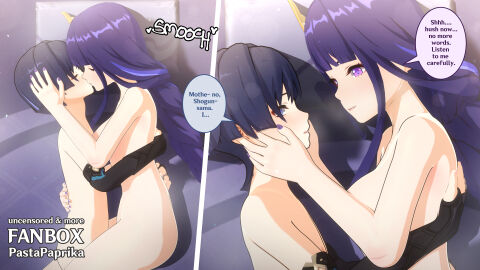 1boy 1girls 3d after_sex blender blender_(software) blue_eyes blue_hair blush braided_hair breasts breasts_out censored dialogue dialogue_box facing_each_other female genshin_impact hair_ornament hd high_resolution highres holding_head hoyoverse hugging incest indoors kiss_on_lips kissing light-skinned_female light-skinned_male light_skin looking_at_partner lying_on_bed male mihoyo mommy mommy_kink mosaic_censoring mosaic_censorship mother mother_and_child mother_and_son naked naked_female naked_male nude nude_female nude_male older_female_and_younger_male pale-skinned_male pale_skin pastapaprika penis purple_eyes purple_hair raiden_shogun scaramouche_(genshin_impact) self_upload size_difference straight text