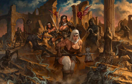 armor armored_female artistic artistic_nude artistic_nudity battle biceps big_breasts blood_stain breasts curvaceous curvaceous_female curvaceous_figure curvy curvy_body curvy_figure curvy_hips female female/female/female female_only fight ghoul hammer holding_object holding_weapon hourglass_figure hourglass_figured_female huge_breasts justsomenoob muscular muscular_female nonsexual nonsexual_nudity nun nun's_habit nun_habit nun_hat nun_outfit original original_character partially_clothed revealing_clothes shield skeleton stockings stocks sword tasteful tasteful_nudity toned toned_female voluptuous voluptuous_female warrior wide_hips