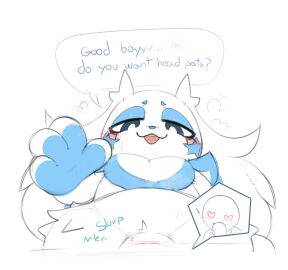 absurd_res anthro biped blush dialogue english_text eyebrows fellatio first_person_view fluff_(kekitopu) front_view fur genitals good_boy heart_eyes heart_symbol hi_res human human_on_anthro interspecies kekitopu lagomorph male male/male mammal oral penile penis pupils sex simple_background smile speech_bubble text white_body