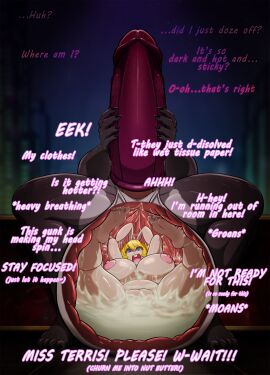 balls big_balls breasts cock_vore condom cum_digestion curvy dialogue equidproquo feet female female_prey futanari huge_balls huge_breasts huge_penis imminent_digestion internal_view intersex laying_back lying milf muscular muscular_intersex onomatopoeia penis predator size_difference vore