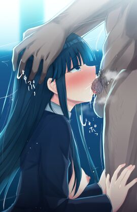 1boy 1girl black_hair blue_eyes breasts large_breasts nipples oral_sex penis sabo_(12454861) school_uniform touma_kazusa very_long_hair white_album_(series) white_album_2