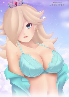 1girls artist_name blonde_hair bow bow_bra bra breasts cleavage crown dansenpai earrings female female_only hair_covering_eye looking_at_viewer mario_(series) navel nidavellirstudios open_clothes princess_rosalina silver_crown solo solo_female solo_focus super_mario_galaxy