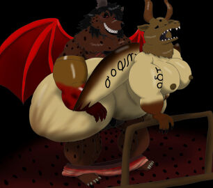 alythewolfcat anthro bat big_breasts black_sclera blood_stain bodily_fluids body_writing breasts female hi_res huge_hips hybrid hyena incubus_(silent_hill) joseph_vincent konami leaf-nosed_bat male male/female mammal metal_fence metal_floor microbat musclegut muscular muscular_male red_eyes sex silent_hill spotted_hyena vampire_bat wide_hips wings yangochiropteran