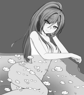 1girls artist_request blush female hot_spring long_hair looking_at_viewer miori_celesta monochrome pool smile solo_female solo_focus virtual_youtuber
