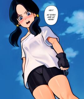 bike_shorts black_hair blue_eyes blush cameltoe cute dragon_ball dragon_ball_z embarrassed female female_focus female_only light-skinned_female light_skin loodncrood looking_at_viewer low-angle_view pervert pov pussy pussy_outline short_hair shorts solo solo_female solo_focus standing text twintails videl