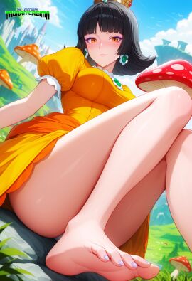 ai_assisted ai_generated black_hair blush breasts castle clouds crown day dress earrings eyebrows_visible_through_hair eyeshadow fair-skinned_female feet female field foot_fetish foot_worship grass highres light-skinned_female logo looking_at_viewer mature_female mature_woman mayethikayian_(species)_(the_legendary_tauran'creima) mushroom naughty_face naughty_smile nintendo obscured_pussy orange_eyes original original_character outside painted_nails pale-skinned_female pov_feet princess_daisy princess_daisy_(cosplay) sacredcourage seductive seductive_eyes seductive_look seductive_smile self_upload serenity_addlebeen_(the_legendary_tauran'creima) shadowrealmarts short_hair sitting smiling_at_viewer soles solo_female stable_diffusion super_mario_bros. the_legendary_tauran'creima thick_thighs thighs toes underboob voluptuous_female