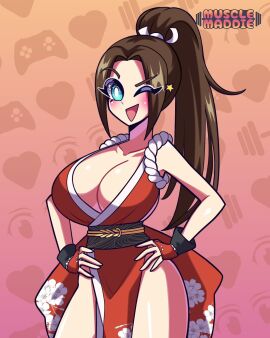 ) barely_clothed blue_eyes breasts brown_hair cleavage fatal_fury female hands_on_hips huge_breasts king_of_fighters large_breasts mai_shiranui musclemaddie no_bra no_panties no_underwear open_mouth ponytail revealing_clothes smile snk street_fighter street_fighter_6 tagme the_king_of_fighters thick_thighs thighs wink