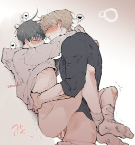 2boys anal artist_name bar_censor black_sweater blonde_hair blush censored closed_eyes clothes_lift commentary grey_background grey_hair grey_hoodie grey_socks hand_on_another's_waist heart hood hoodie hoodie_lift kim_euihyun long_sleeves low_tide_in_twilight male male_focus multiple_boys multiple_males nipples sex short_hair socks sound_effects spoken_heart sweat sweater wasanbonp yaoi yeo_taeju