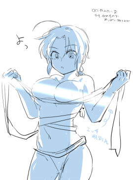 ahoge bandages big_breasts blue_theme braid braided_hair breast_lift breasts breasts_out censored_nipples female female_only genderswap genderswap_(mtf) gintama kamui_(gintama) long_hair monochrome rule_63 sarashi shibafu single_braid sketch solo