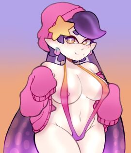 1girls agent_1_(splatoon) areolae beanie bikini breasts callie_(agent_1_casual) callie_(casual) callie_(splatoon) cameltoe earrings female inkling inkling_girl long_hair looking_at_viewer mole mole_under_eye navel nintendo nipples open_clothes pink_beanie pointy_ears pussy sling_bikini solo solo_female solo_focus splatoon splatoon_(series) splatoon_2 splatoon_2:_octo_canyon sweater tentacle tentacle_hair two-tone_hair vespbee