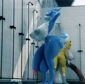 animal_genitalia animal_penis anthro backsack balls bandai_namco bathing big_balls big_breasts big_bulge big_penis blue_body breasts bulge digimon digimon_(species) equine_genitalia equine_penis female flamedramon genitals hi_res multicolored_body penis renamon saggy_balls shellshock_hk-mk1 shower showering tagme wet wet_body yellow_body
