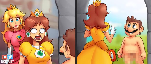 1boy 2girls artist_name blonde_hair brown_hair casual censored clothed_female_nude_male completely_nude crown d: dress facial_hair female flower gloves green_eyes hands_up handwear highres holding holding_flower human long_hair looking_at_another lower_teeth_only male mario mario_(series) mosaic_censoring moustache multiple_females multiple_girls nonsexual nonsexual_nudity nortuet nude nudist orange_dress pale_skin patreon_logo pink_dress princess_daisy princess_peach puffy_short_sleeves puffy_sleeves scene_reference short_sleeves smile standing surprised teeth twitter_logo white_gloves