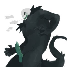 1boy balls black_body black_fur breath dick die_of_death_(roblox) doodle fur green_eyes green_penis green_teeth heat knotted_penis male naked naked_male penis pursuer_(die_of_death) roblox roblox_game robloxian self_upload sexmaster99 spiked_penis stare tail white_head