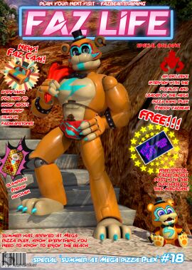 1boy advertisement animatronic anthro artist_logo artist_signature beach beach_towel bear biceps blue_eyes blue_nails bowtie brown_hair bulge bulge_rubbing english english_text facial_markings five_nights_at_freddy's five_nights_at_freddy's:_security_breach fnaf glamrock_freddy_(fnaf) hands_on_hips looking_at_viewer machine magazine magazine_cover male male_focus male_only non_human plush plushie posing posing_for_picture posing_for_the_viewer pubic_hair robot robot_humanoid robot_joints scottgames solo solo_focus solo_male sondinker_fazbear's speedo spiked_bracelet steel_wool_studios summer tan_body top_hat towel_on_shoulder two-tone_body ursid ursid_humanoid ursine