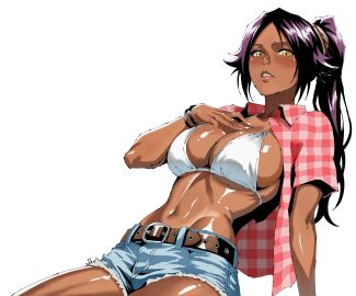 1girls accurate_art_style belly belly_button belt big_breasts bikini_top bikini_top_only bleach blue_shorts blush bracelet breasts checkered checkered_shirt cleavage clothed clothing collared_shirt dark-skinned_female dark_skin denim denim_shorts female female_focus female_human female_only fingernails fit_female glistening_body golden_eyes hair_ornament hand_on_own_chest high_resolution highres human jewelry kwon_eun-bi_(cosplay) leaning_back linea_alba long_hair looking_at_viewer lorna12155671 mature_female navel no_background open_clothes open_shirt parted_bangs parted_lips plaid plaid_clothes plaid_shirt ponytail purple_hair red_shirt seductive shihouin_yoruichi shiny_hair shiny_skin shirt short_shorts short_sleeves shorts sideboob simple_background sitting slim_waist solo solo_female solo_focus stomach summer toned toned_female toned_stomach unbuttoned waterbomb white_background white_bikini white_topwear wide_hips yellow_eyes