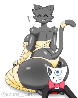 1boy 1girls annoyed annoyed_expression artist_name ass asthma_tan background bandage black_clothing black_eyes bowtie breasts clothed female fur furry furry_only grey_skin happy happy_female huge_ass huge_breasts huge_thighs looking_at_another male noelle_(decoykidd) oc original original_character red_bowtie sharp_teeth simple_background sitting sitting_on_another sitting_on_person tail teeth thick_thighs thighs twitter_username watermark white_background white_skin