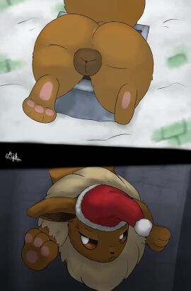 2025 animal_genitalia animal_vulva animated annoyed anus ass big_ass big_butt black_sclera brown_body brown_fur butt_focus canid canine canine_genitalia canine_vulva chimney christmas christmas_clothing christmas_headwear clothing eevee eyelashes female feral fur generation_1_pokemon genitals hat headgear headwear hi_res holidays huge_ass huge_butt looking_up majika mammal neck_tuft nintendo pawpads paws pokemon pokemon_(species) rooftop santa_hat short_playtime snow solo stuck tagme tail tuft video vulva white_eyes