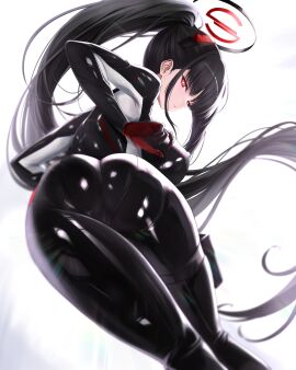 absurdres ass black_bodysuit black_hair black_halo blue_archive bodysuit breasts bright_pupils cameltoe covered_erect_nipples female floating_hair from_behind hair_between_eyes hair_ornament halo highres holster huge_breasts latex latex_bodysuit leaning_forward long_hair looking_at_viewer looking_back millennium_science_school_student multicolored_halo noa_(skae3323) official_alternate_costume parted_lips ponytail pussy red_eyes rio_(blue_archive) rio_(bodysuit)_(blue_archive) seminar_(blue_archive) sidelocks simple_background skin_tight solo thick_thighs thigh_holster thighs two-tone_halo very_long_hair white_background white_pupils