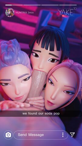 1boy 3d 3girls asian_female blowjob fellatio first_person_view korean_female kpop_demon_hunters light-skinned_female light-skinned_male light_skin looking_at_viewer mira_(kpop_demon_hunters) oral oral_penetration oral_sex pov rumi_(kpop_demon_hunters) yakenaris zoey_(kpop_demon_hunters)