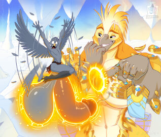 accipitrid accipitriform anthro avian balls balls_expansion balls_growth balls_growth_(enlargement) big_balls big_breasts big_penis bird bodily_fluids bottomwear breasts clothing cloud deity detailed_background eagle expansion female flapping_wings frantic genital_expansion genital_fluids genital_growth genital_growth_(enlargement) genitals gold_(metal) gold_jewelry growth hi_res huge_balls huge_breasts huge_cock hyper hyper_balls hyper_genitalia hyper_penis jewelry juxtapex loincloth magic male motion_blur mountain muscular muscular_female owl panicked_look panicking penis penis_expansion penis_growth penis_growth_(enlargement) precum size_difference sky skyscape smile smirk snow sweat sweatdrop