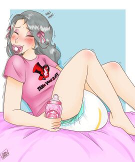baby_bottle closed_eyes coolhooves diaper diaper_fetish female giggling grey_hair happy holding_baby_bottle light-skinned_female light_skin pacifier persona_5 pink_shirt ribbons_in_hair sae_niijima