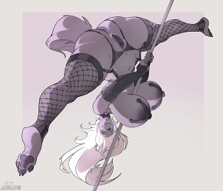 anthro anus ass biped breasts canid canine casloafy clothed clothing dancing female fishnet_clothing fishnet_legwear flexible garter_belt garter_straps genitals hi_res legwear mammal maria_(casloafy) pole pole_dancing pussy splits spread_legs spreading stripper_pole thick_thighs upside-down