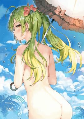 ai_assisted ai_generated ai_gif animated ass ass_cleavage ass_focus back back_view blush breasts completely_nude cum cum_on_ass cum_on_body dancing day ejaculation female_focus green_hair hair_ribbon highres holding_umbrella long_hair looking_at_viewer looking_back medium_breasts momoko_(momopoco) nude pov pussy sexy_dance standing thighs third-party_edit twintails umbrella