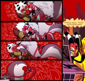 aless_(corazonarts) anthro anthro_on_anthro blitzo_(helluva_boss) canid canid_demon canine comic corazonarts demon duo eye_contact female fire flintlock flintlock_pistol gun hellhound helluva_boss hi_res imp kissing long_tongue looking_at_another loona_(helluva_boss) male male/female male_anthro mammal original_character red_skin romantic romantic_ambiance romantic_couple seductive spiked_collar tagme tail tail_wagging tail_wrap thick_thighs toe_claws toes tongue white_fur white_hair white_paws wolf