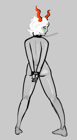 1girls alien arms_behind_back blank_eyes bondage bound_wrists callie_opheee calliope_(homestuck) chains collar collared embarrassed embarrassed_female female female_focus female_only grey_skin homestuck homestuck_troll horn horns leash leashed looking_at_viewer nude nude_female nudity soldierexclipse solo solo_female troll unusual_anatomy unusual_eyes unusual_skin unusual_skin_color white_eyes