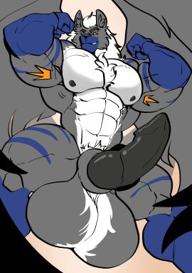 anthro balls big_balls big_penis brown_body canine canine_penis cock dick flexing furry gay grey_body growth head_tuft homosexual lagomorph male male/male male_only muscles muscular muscular_male pec_growth pec_vore pectoral_vore penis pubes pubic_hair rabbit size_difference stripes testicles trencalos vein veiny_penis wings wolf