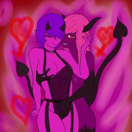 asmodai_(skia) breast_grab breasts breasts_out demon demon_girl demon_horns demon_tail digital_media_(artwork) female lingerie looking_pleasured nipple_play nipples original_character original_characters pink_eyes pink_hair pink_nipples pink_skin pubic_tattoo purple_hair purple_nipples purple_skin raiiana_(skelestrider) sharp_teeth skia_draws smiling_at_partner succubus succubus_horns succubus_tail succubus_tattoo yuri