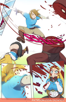1boy 1girls 2024 2d 2d_(artwork) 2d_artwork ass big_ass big_breasts big_butt big_eyebrows blonde_hair blood_on_breasts blood_on_face blood_splatter blue_eyes breasts breath_of_the_wild bubble_ass bubble_butt color comic cowering daytime death elf elf_ears elf_female elf_girl elf_male eyebrows female fight fighting gore grass huge_ass huge_butt laying_down light-skinned_female light_skin link link_(breath_of_the_wild) long_hair male male_death master_sword moblin nintendo pony_tail ponytail princess_zelda schpicy sfx smile smiling_at_another sound_effects splat surprised surprised_expression sword sword_swing text the_legend_of_zelda the_legend_of_zelda:_breath_of_the_wild thick_ass yellow_hair zelda_(breath_of_the_wild)