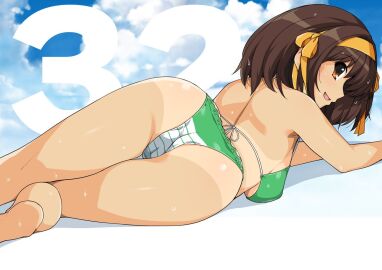 bare_arms bare_legs bare_shoulders bikini breasts brown_eyes brown_hair female from_behind green_bikini hair_ribbon hairband halterneck haruhisky looking_at_viewer looking_back lying medium_breasts medium_hair on_stomach open_mouth ribbon small_breasts smile solo suzumiya_haruhi suzumiya_haruhi_no_yuuutsu swimsuit tan tanline wet yellow_hairband