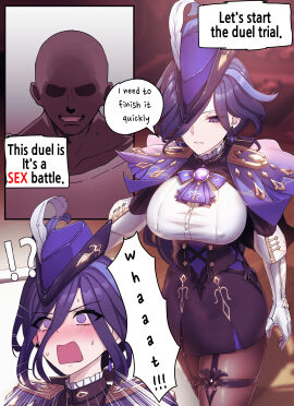 absurdres adjusting_clothes ascot black_corset black_pantyhose black_skirt breasts button_gap clorinde_(genshin_impact) corset dark-skinned_male dark_skin english english_commentary english_dialogue english_text english_translation epaulettes female fold-over_gloves framed_breasts from_side genshin_impact gloves hat hat_feather highres horori_(halloweenday309) large_breasts male pantyhose pencil_skirt purple_ascot purple_eyes purple_hair shirt skirt taut_clothes taut_shirt tricorne white_gloves white_shirt