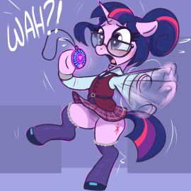 absurd_res bodily_fluids bottomwear clothing equid equine eyewear female friendship_is_magic genital_fluids genitals glasses hasbro hi_res horn legwear mammal my_little_pony mythological_creature mythological_equine mythology necktie on_hind_legs pubic_fuzz sci-twi skirt solo stockings t72b topwear twilight_sparkle_(mlp) unicorn vaginal_fluids vest vulva waving_arms