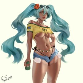 1girls artist_name artist_signature ass big_ass big_breasts big_thighs bikini brazil brazilian brazilian_female brazilian_miku breasts cyan_eyes cyan_hair female female_only hatsune_miku huge_thighs latin_american_hatsune_miku_(meme) long_hair looking_at_viewer midriff plump_lips shirt shorts solo tagme tan tan_body tan_line tan_lines tanline tanlines tanned tanned_body tanned_female tanned_skin thick_hips thick_thighs thighs thong twintails underboob vocaloid yellow_shirt