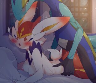 ambiguous_penetration anthro areola bed biped blue_body breasts cinderace duo erection female from_behind_position fur furniture generation_8_pokemon genitals hi_res inteleon male male/female medium_breasts nintendo nipples on_bed penetration penile penile_penetration penis pink_areola pink_nipples pokemon pokemon_(species) prrrrrrmine red_eyes sex white_body white_fur yellow_eyes