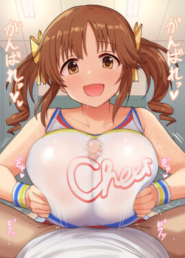 1boy 1girls bare_shoulders blunt_bangs blush bracelet breasts brown_eyes brown_hair cheerleader collarbone commentary_request erection eyebrows_hidden_by_hair female hair_ribbon idolmaster idolmaster_cinderella_girls indoors jewelry large_breasts light-skinned_female light-skinned_male light_skin male male_pov no_pants open_mouth paizuri paizuri_under_clothes penis penis_under_another's_clothes pov ribbon shirt sidelocks sleeveless smile spread_legs todokamen tongue totoki_airi translation_request twintails white_shirt yellow_ribbon